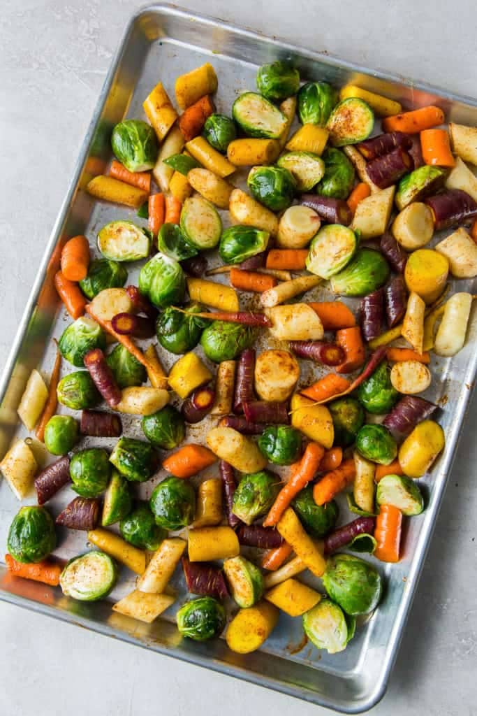 Honey Roasted Rainbow Carrots and Brussels Sprouts